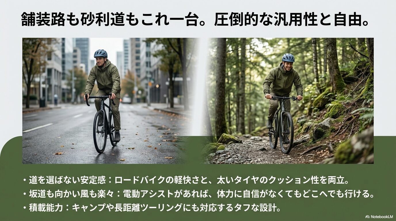 舗装路も砂利道も走れるグラベルロードe-bikeの安定感、坂道の楽さ、積載能力を説明するスライド