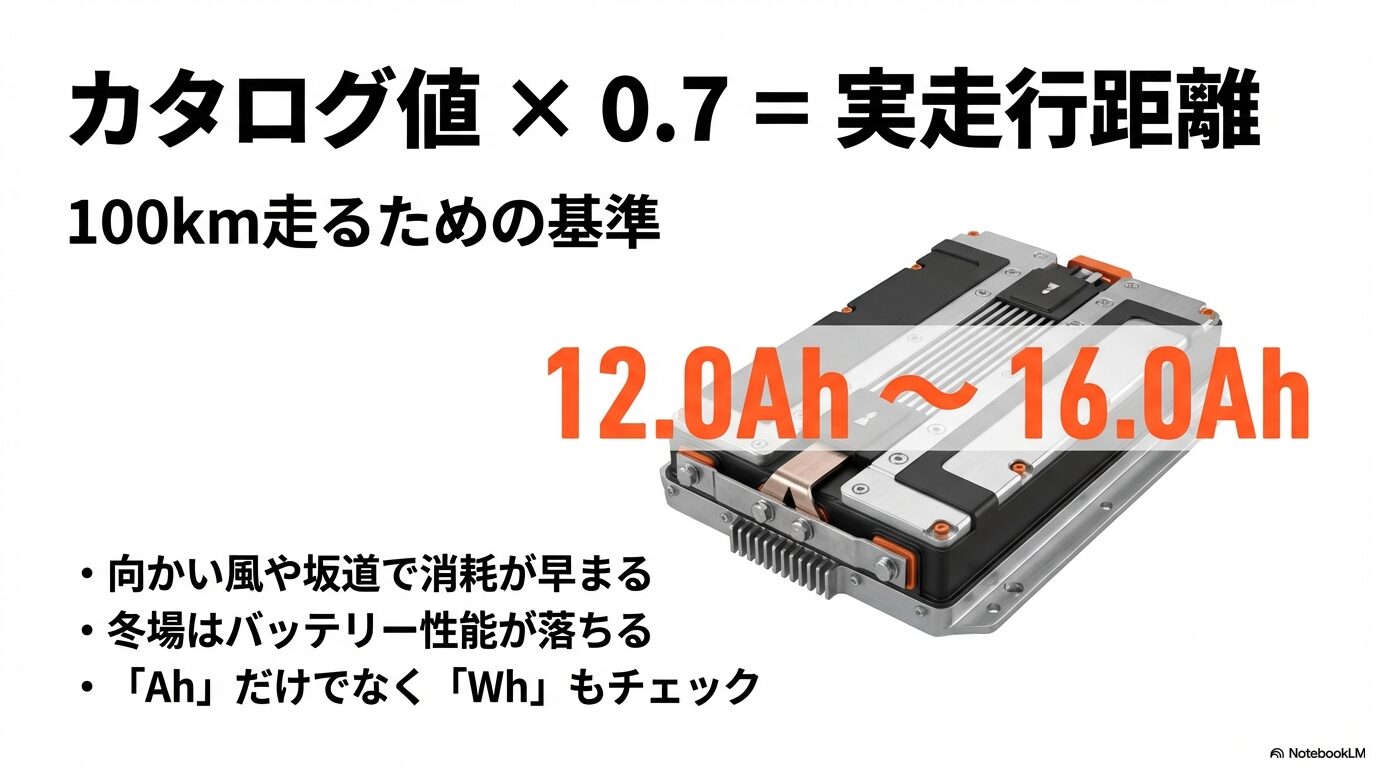 カタログ値の0.7倍を実走行距離の目安とし、100km走行には12Ahから16Ahが必要であることを示す図解スライド。