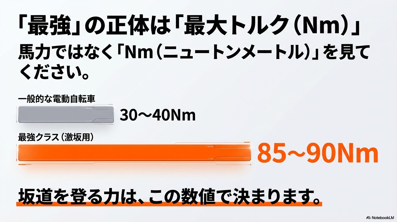 e-bikeの登坂性能を決める最大トルク（Nm）の解説図。一般的な自転車の30〜40Nmに対し、最強クラスは85〜90Nmであることを示している。