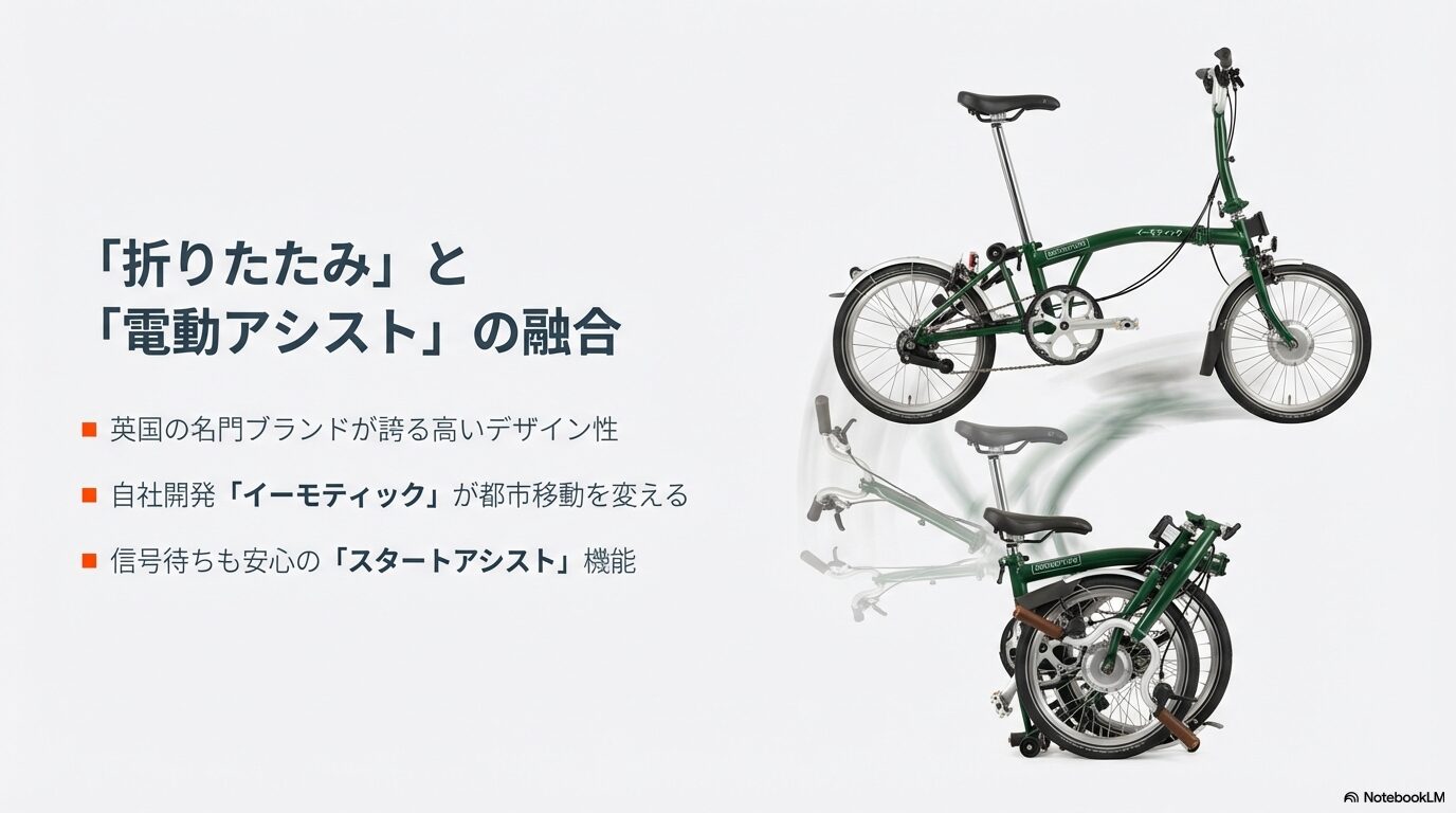 英国名門ブランドのブロンプトンによる、デザインと電動アシスト技術が融合したe-bikeの概要