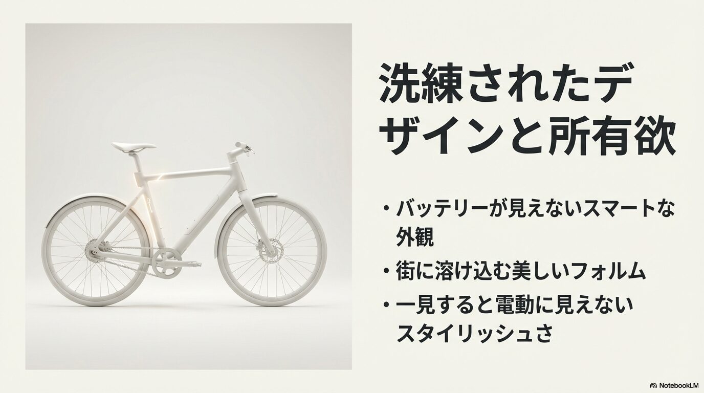 バッテリーが見えないスマートな外観と、街に溶け込むスタイリッシュなフォルムを解説するスライド。