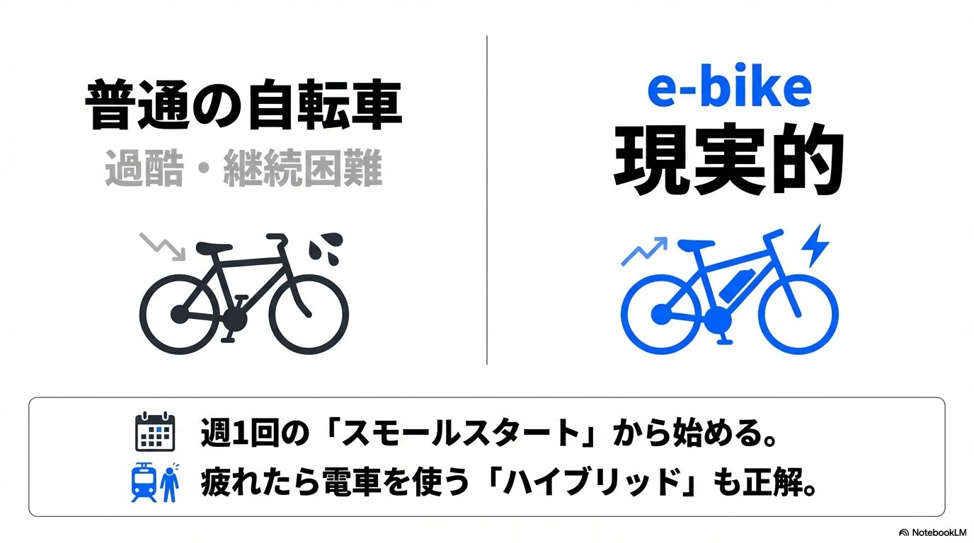 普通の自転車とe-bikeの通勤難易度の比較、およびスモールスタートやハイブリッド利用の推奨