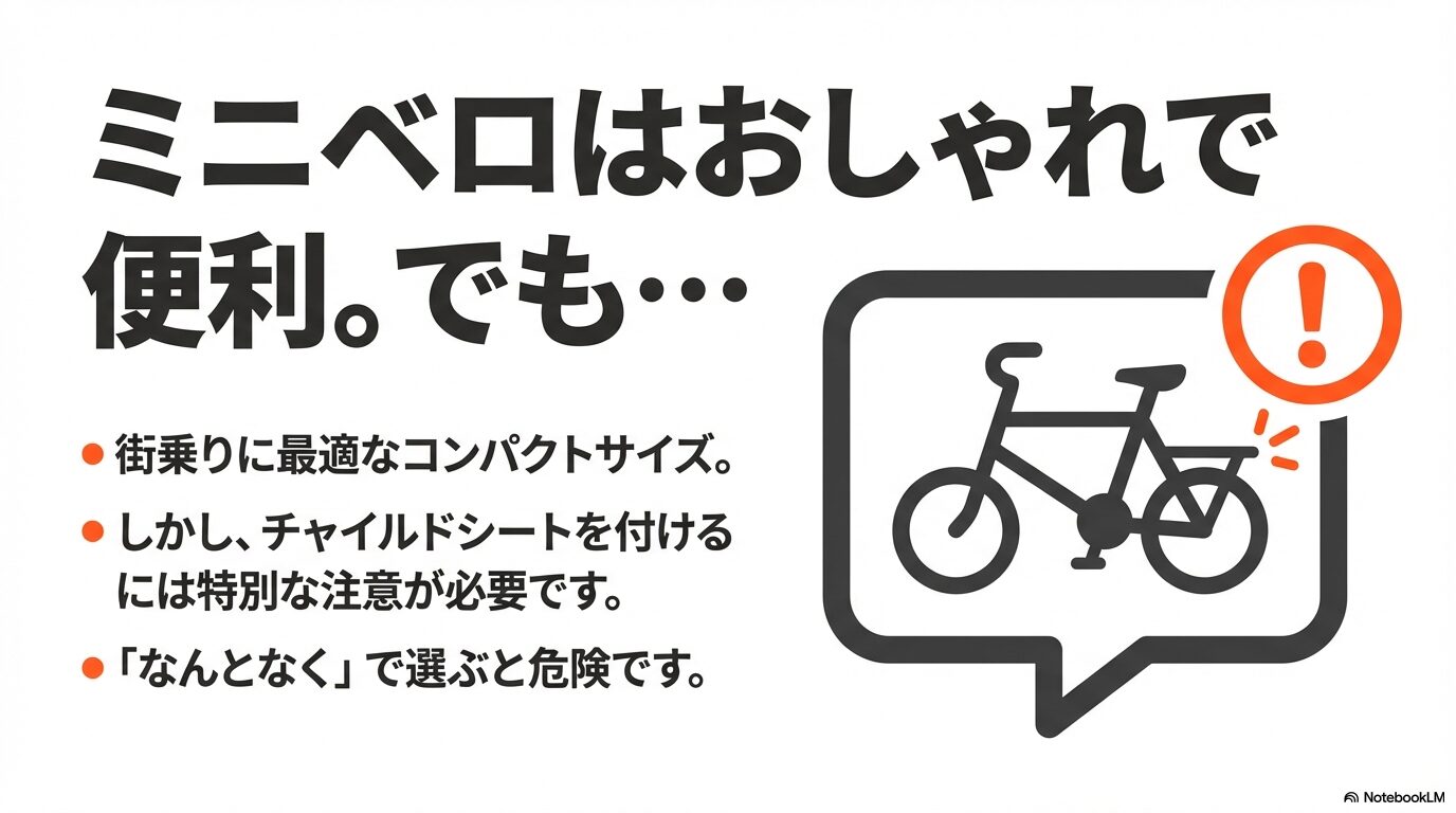 ミニベロはコンパクトで便利だが、チャイルドシートを付けるには特別な注意が必要であることを示す警告スライド。
