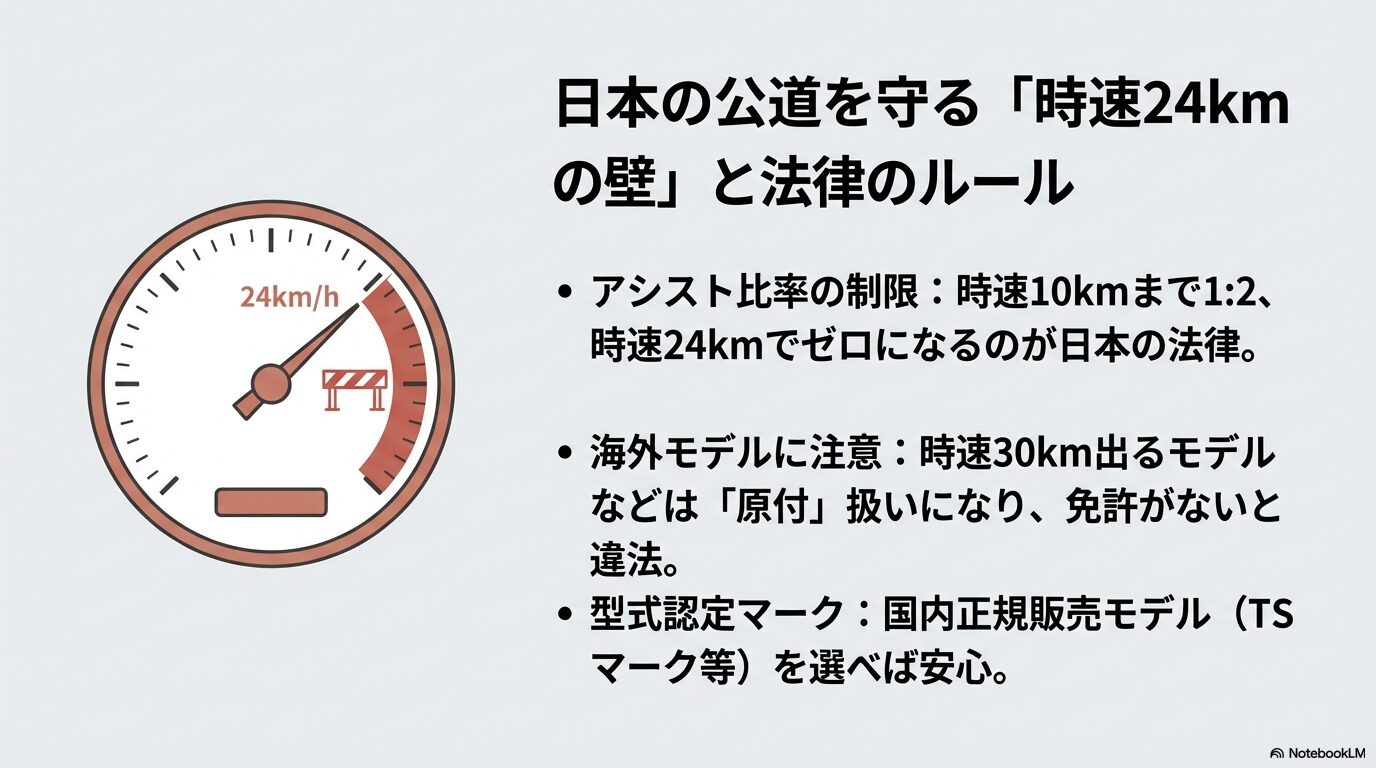 日本の法律による時速24kmのアシスト制限、アシスト比率、型式認定マークの重要性を解説する図解スライド