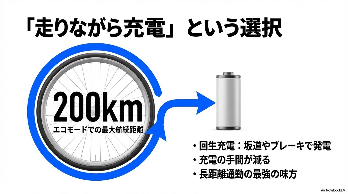 走りながら充電することで最大200km走行を可能にする回生充電システムの解説。坂道やブレーキで発電する仕組みの紹介。