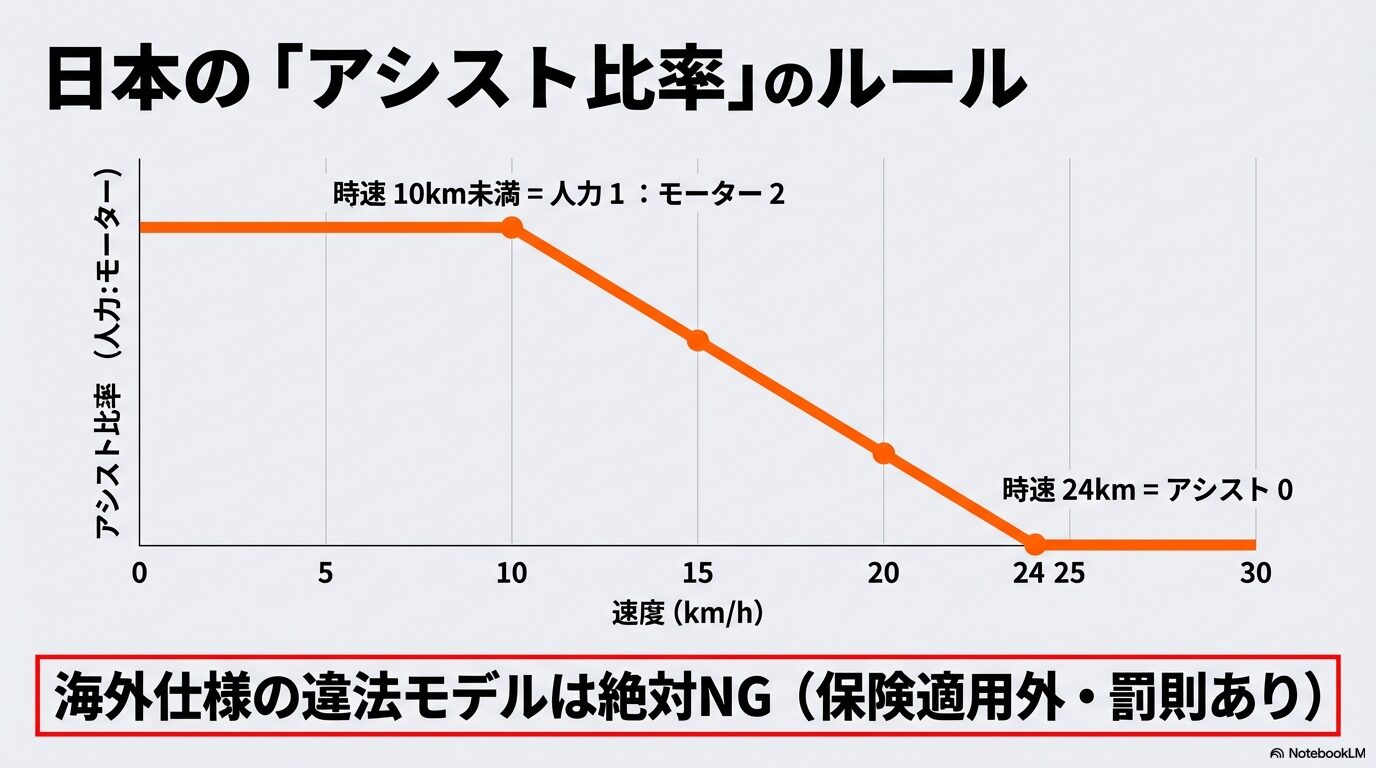 日本の道路交通法に基づくアシスト比率のグラフ。時速10km未満は1:2、時速24kmでアシストが0になることを説明。