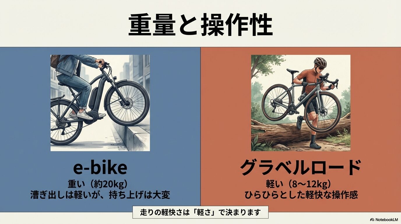 e-bikeの約20kgとグラベルロードの8から12kgの重量差および操作性の違い