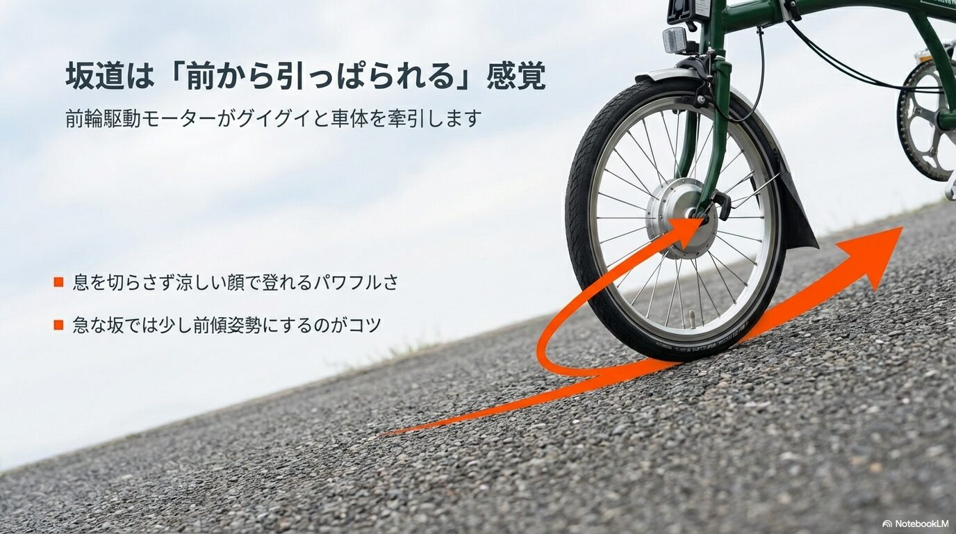 フロントモーターが車体を牽引するブロンプトン e-bikeの坂道走行の感覚とコツ