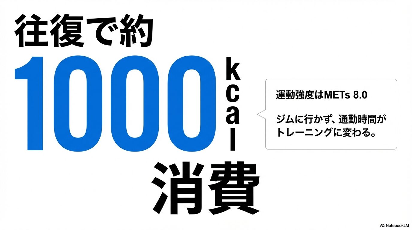 往復20kmのe-bike通勤による消費カロリー（約1000kcal）とMETS 8.0の運動強度の説明