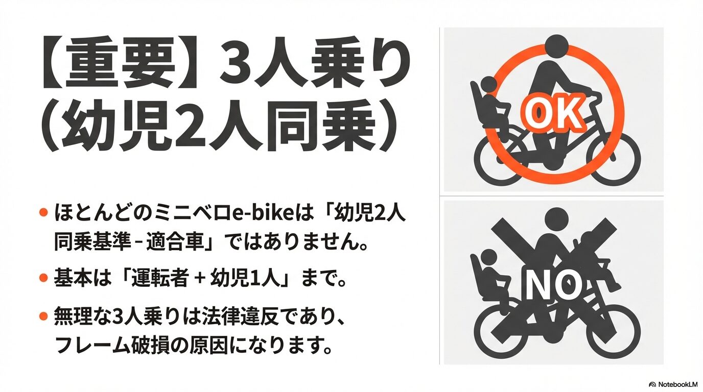 ほとんどのミニベロe-bikeは3人乗り非対応であり、基本は幼児1人までという法的制限を説明する画像。