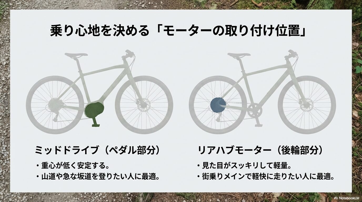 ミッドドライブ（ペダル部分）とリアハブモーター（後輪部分）の重量バランスや走行感の違いを比較した表形式のスライド