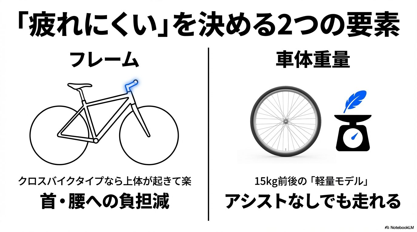 上体が起きて楽なクロスバイクタイプのフレームと、15kg前後の軽量モデルが疲労軽減に繋がることを説明するスライド。