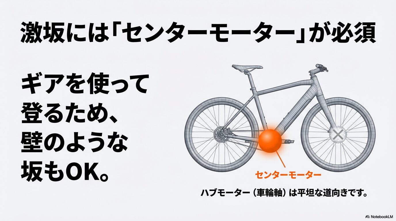 自転車の中心部に配置されたセンターモーターのイラスト。ギアを介して登坂するため壁のような坂も対応可能。
