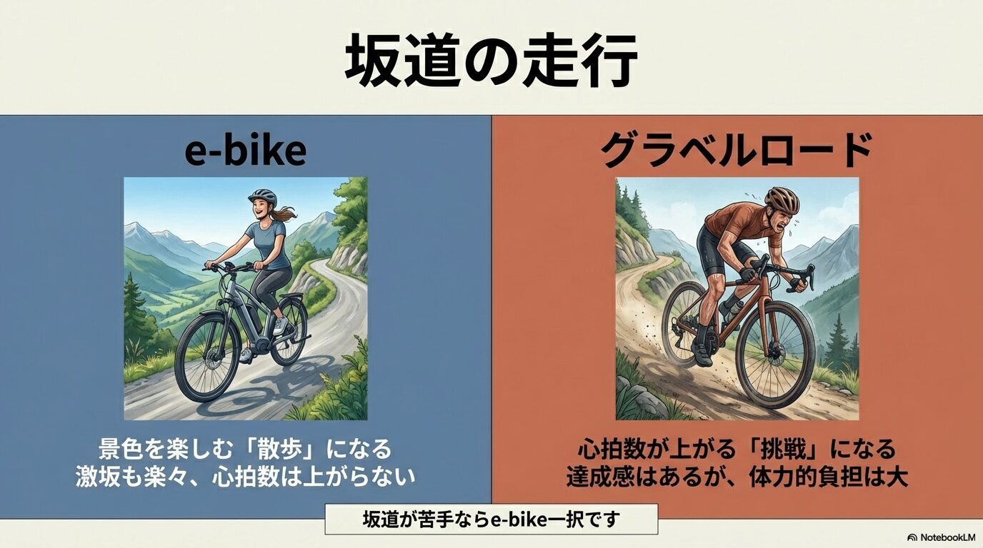 e-bikeでの楽な坂道走行とグラベルロードでの体力的負担を伴う挑戦の比較