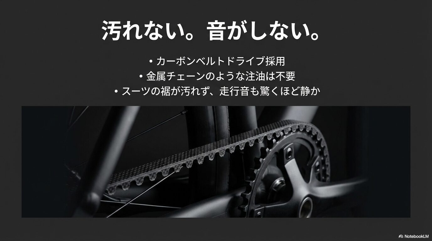 注油不要で汚れず、走行音が驚くほど静かなカーボンベルトドライブの特長を説明するスライド。
