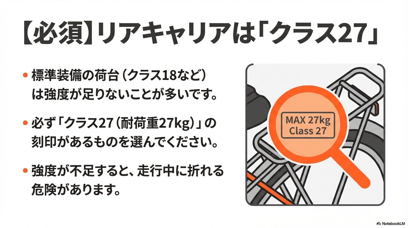 耐荷重27kgのクラス27リアキャリアの重要性と、強度が不足すると走行中に折れる危険があることを示す解説。