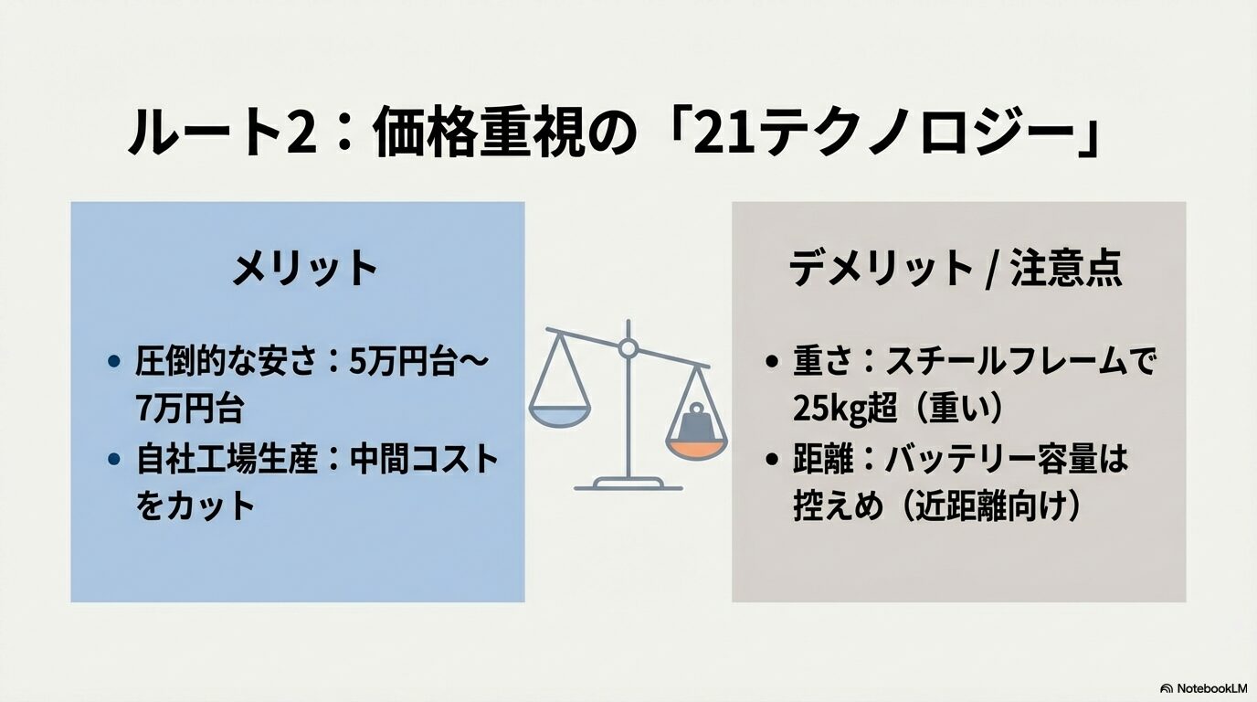 21テクノロジーの圧倒的な安さと自社生産のメリット、および重量やバッテリー容量といった購入前の注意点をまとめた比較画像。