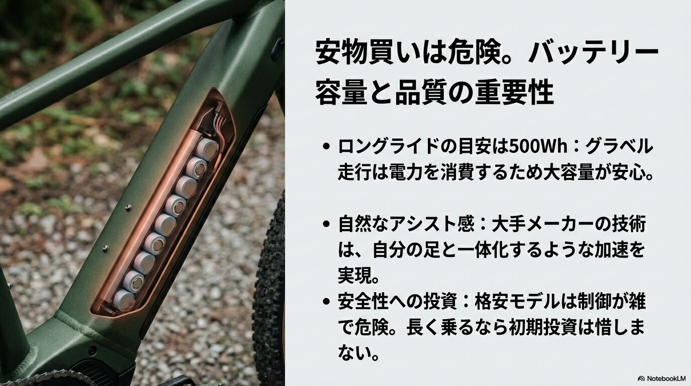 ロングライドに適した500Whの目安や、大手メーカーによる自然なアシスト感、安全性への投資を説明するスライド