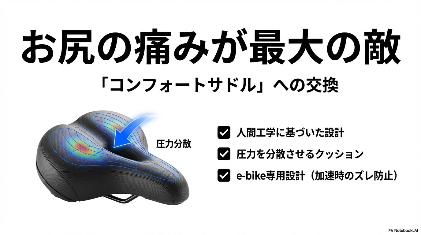 人間工学に基づいた圧力分散設計や、e-bike専用サドルの加速時ズレ防止機能を解説するスライド。
