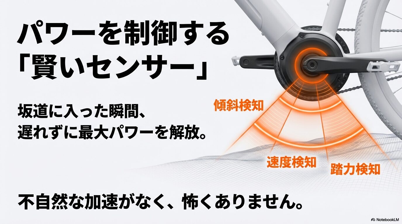 傾斜検知、速度検知、踏力検知を行うe-bikeのセンサーシステムの解説。不自然な加速を防ぐ仕組み。