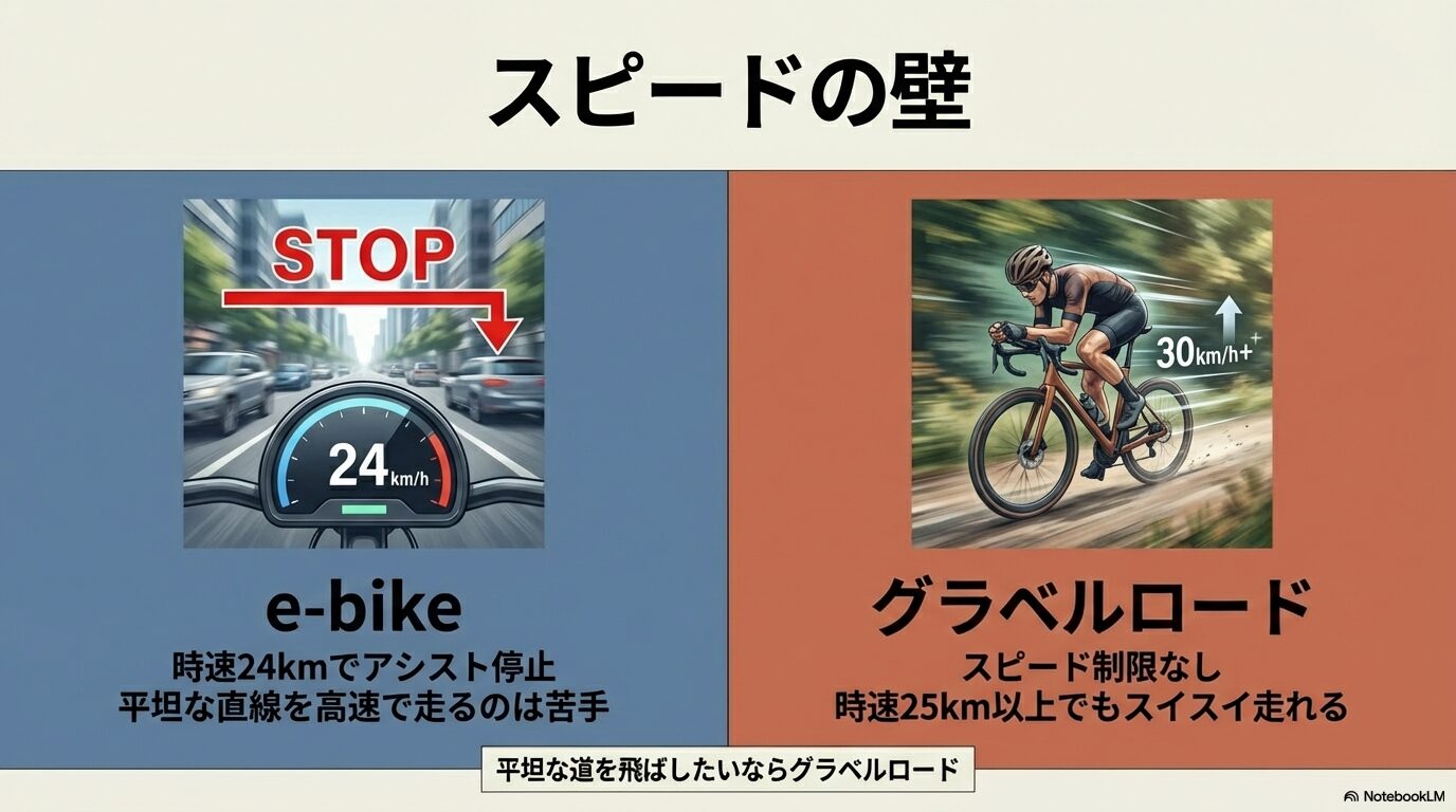 e-bikeの時速24kmアシスト制限とグラベルロードの高速巡航性能の比較