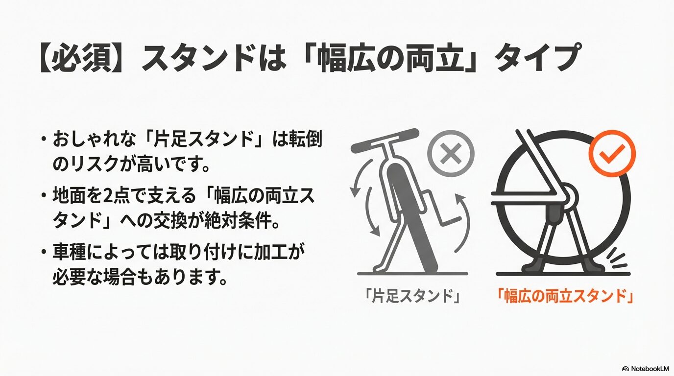 片足スタンドと幅広両立スタンドの比較画像。転倒防止のために両立スタンドへの交換が必須であることを示している。