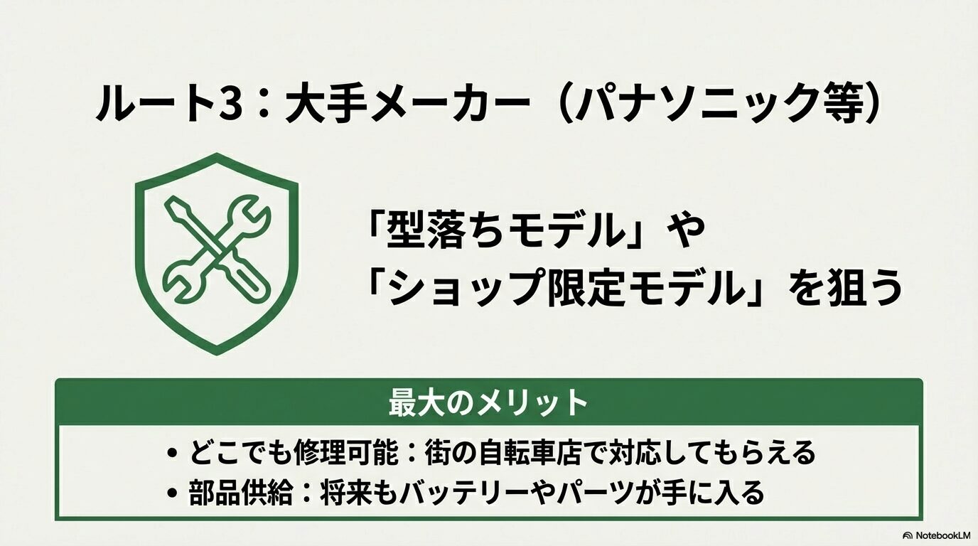 パナソニック等の大手メーカーを10万円以下で狙うための型落ち・限定モデルの活用法と、修理対応・部品供給の優位性を解説したスライド。