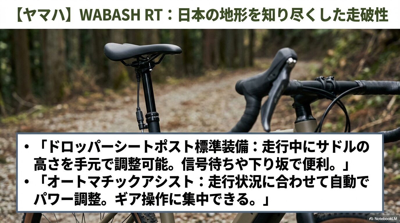 ヤマハのグラベルe-bike「WABASH RT」に搭載されたドロッパーシートポストとオートマチックアシスト機能の紹介スライド