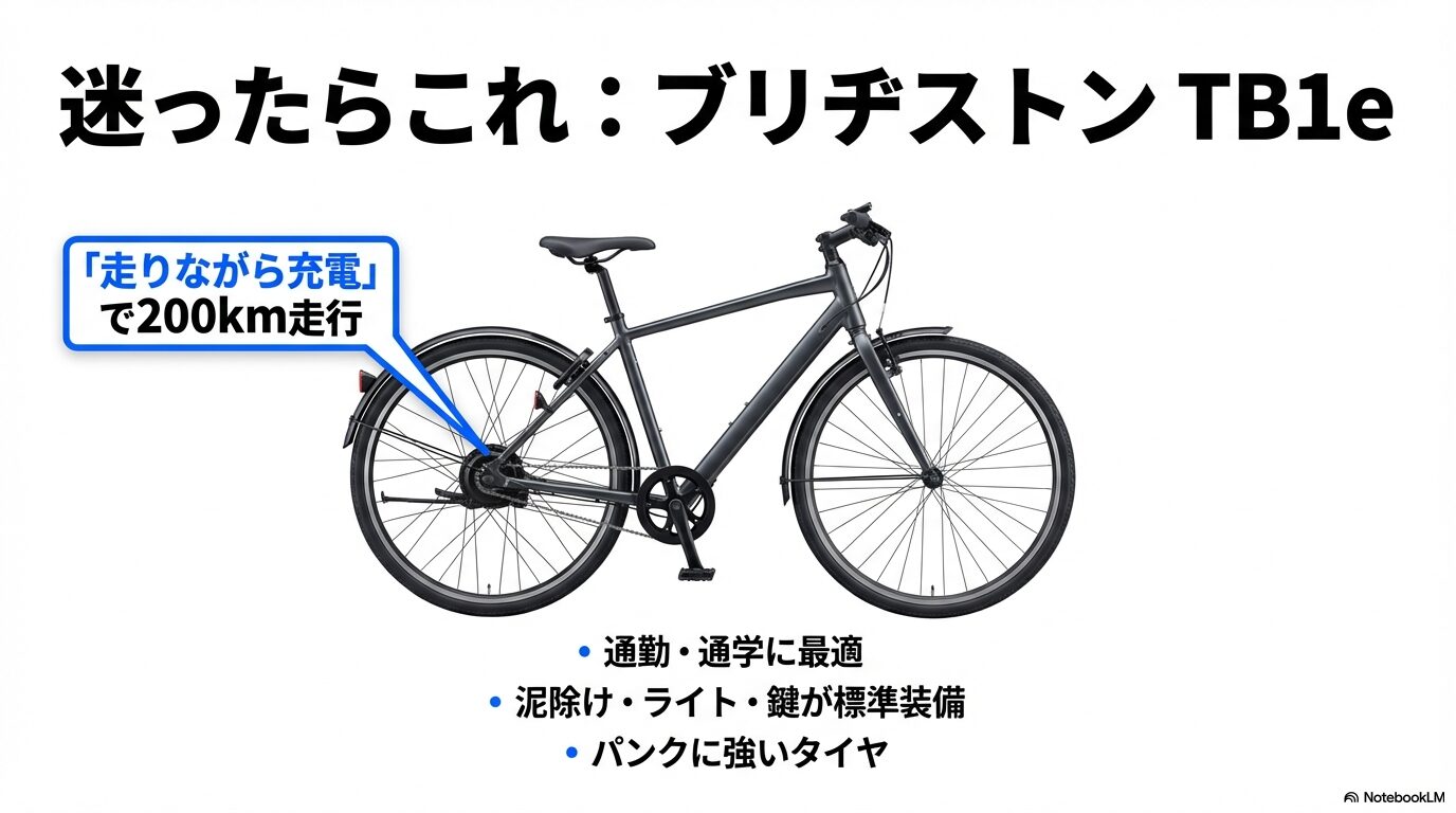 走りながら充電で200km走行が可能なブリヂストンのe-bike「TB1e」の紹介。標準装備が充実し通勤通学に最適であることの解説。