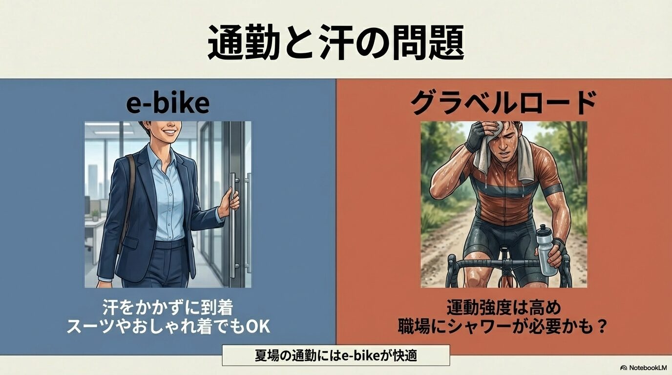 通勤で汗をかかないe-bikeと運動強度が高くなるグラベルロードの比較