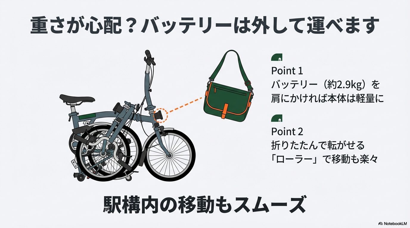 ブロンプトン e-bikeのバッテリーを外して持ち運ぶ方法と、ローラーによる移動のポイント