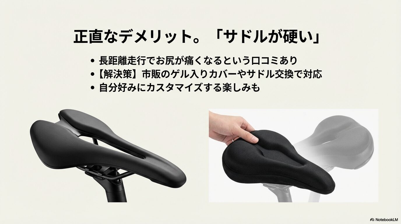 お尻が痛くなるという口コミへの解決策として、ゲル入りカバーやサドル交換を提案するスライド。