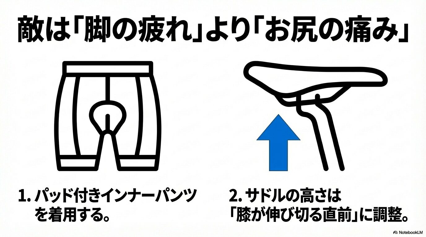 e-bike長距離走行時の疲れ対策として、パッド付きインナーパンツの使用とサドルの高さ調整を説明する図解