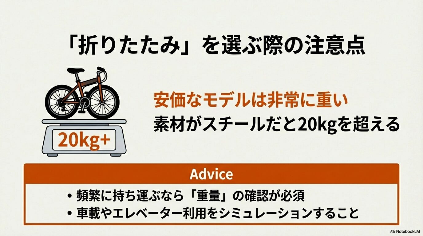 安価な折りたたみe-bikeは20kgを超えるスチール製が多いことを警告し、頻繁な持ち運びや車載時のシミュレーションを促すアドバイス。