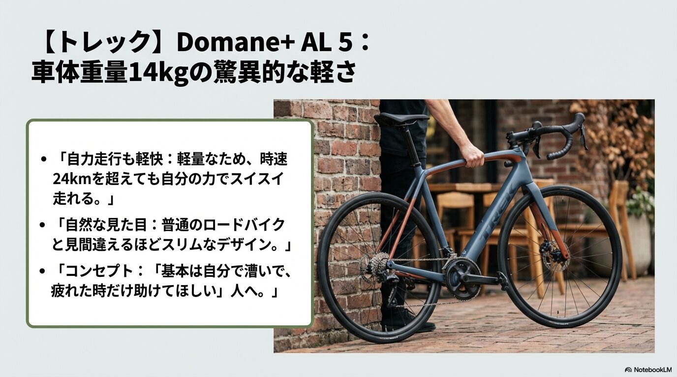車体重量14kgと軽量なトレックの「Domane+ AL 5」の自力走行の軽快さとスリムなデザインを解説するスライド
