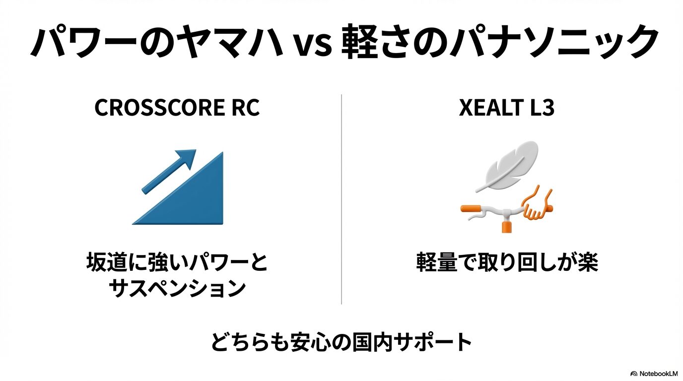 ヤマハのCROSSCORE RCとパナソニックのXEALT L3の主要スペックや特徴を比較したスライド資料。