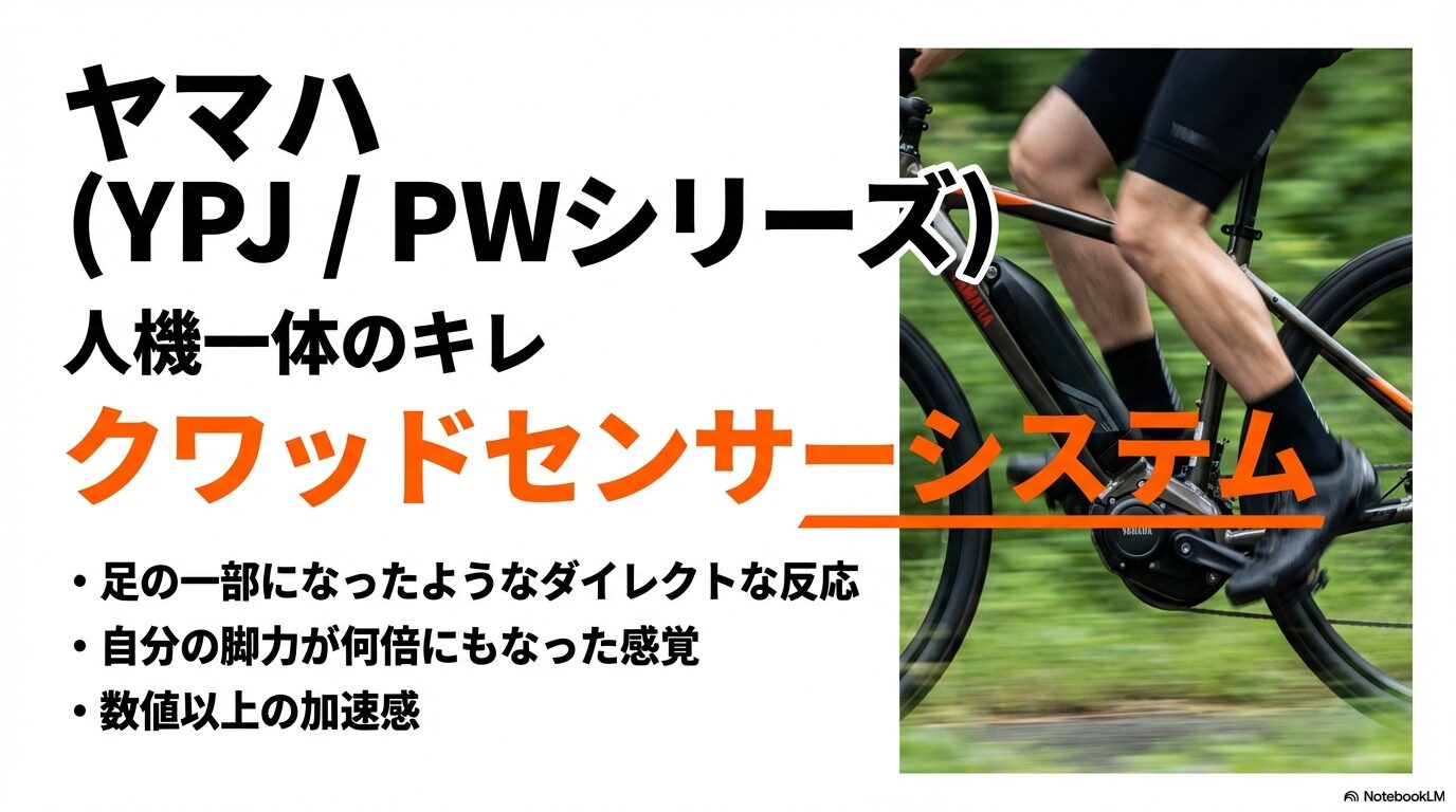 ヤマハのYPJやPWシリーズに採用されているクワッドセンサーシステムの解説。人機一体のダイレクトな反応を強調。