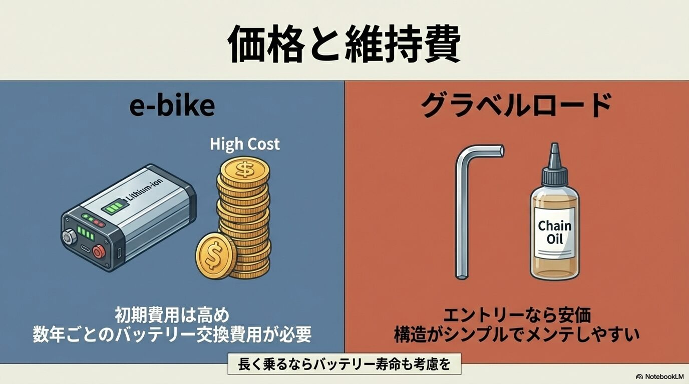 e-bikeとグラベルロードの車両価格相場とバッテリー寿命などの維持費比較