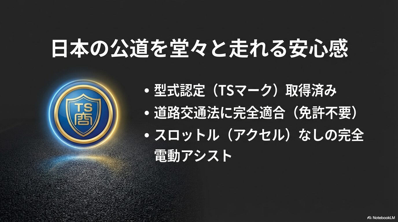 TSマーク（型式認定）取得済みで道路交通法に完全適合し、免許不要で走れる安心感を説明するスライド。