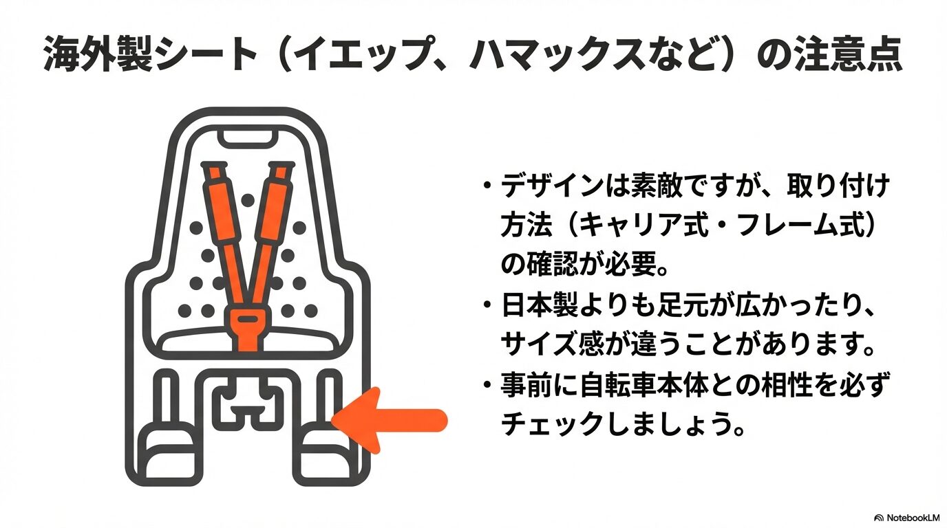 YeppやHamaxなどの海外製シートを選ぶ際、取り付け方法やサイズ感の確認が必要であることを説明する画像。
