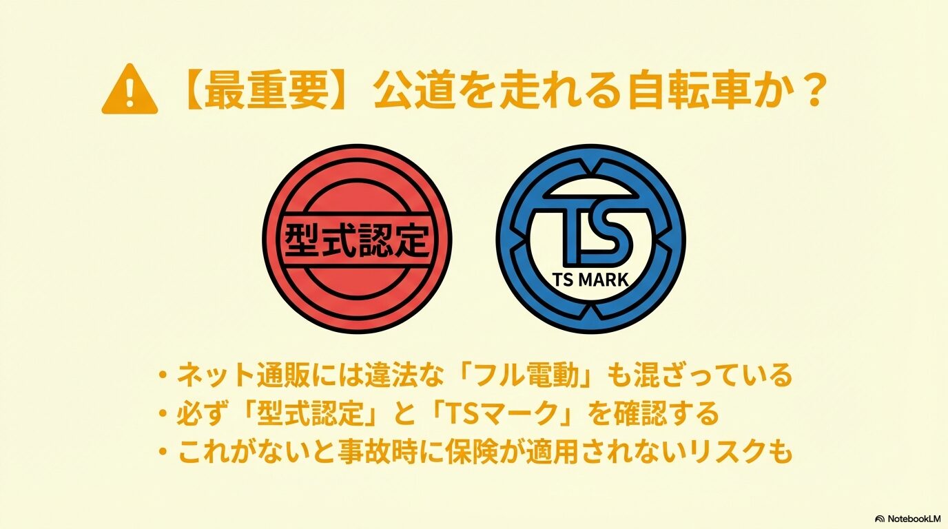 ネット通販の違法モデルを避け、安全に公道を走るために確認すべき「型式認定」と「TSマーク」の重要性を説く安全ガイド。