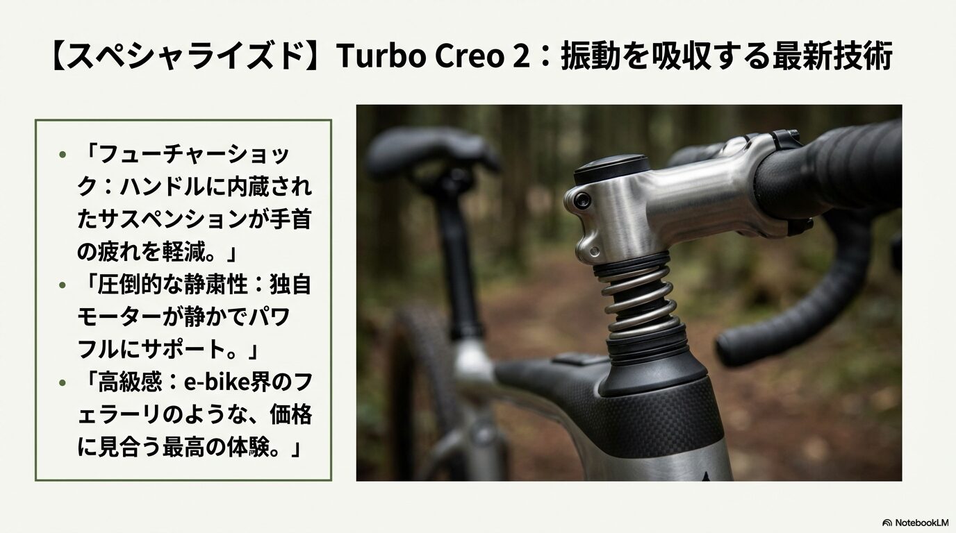スペシャライズドの「Turbo Creo 2」に搭載された振動吸収機構Future Shockと静粛性の高いモーターを説明するスライド
