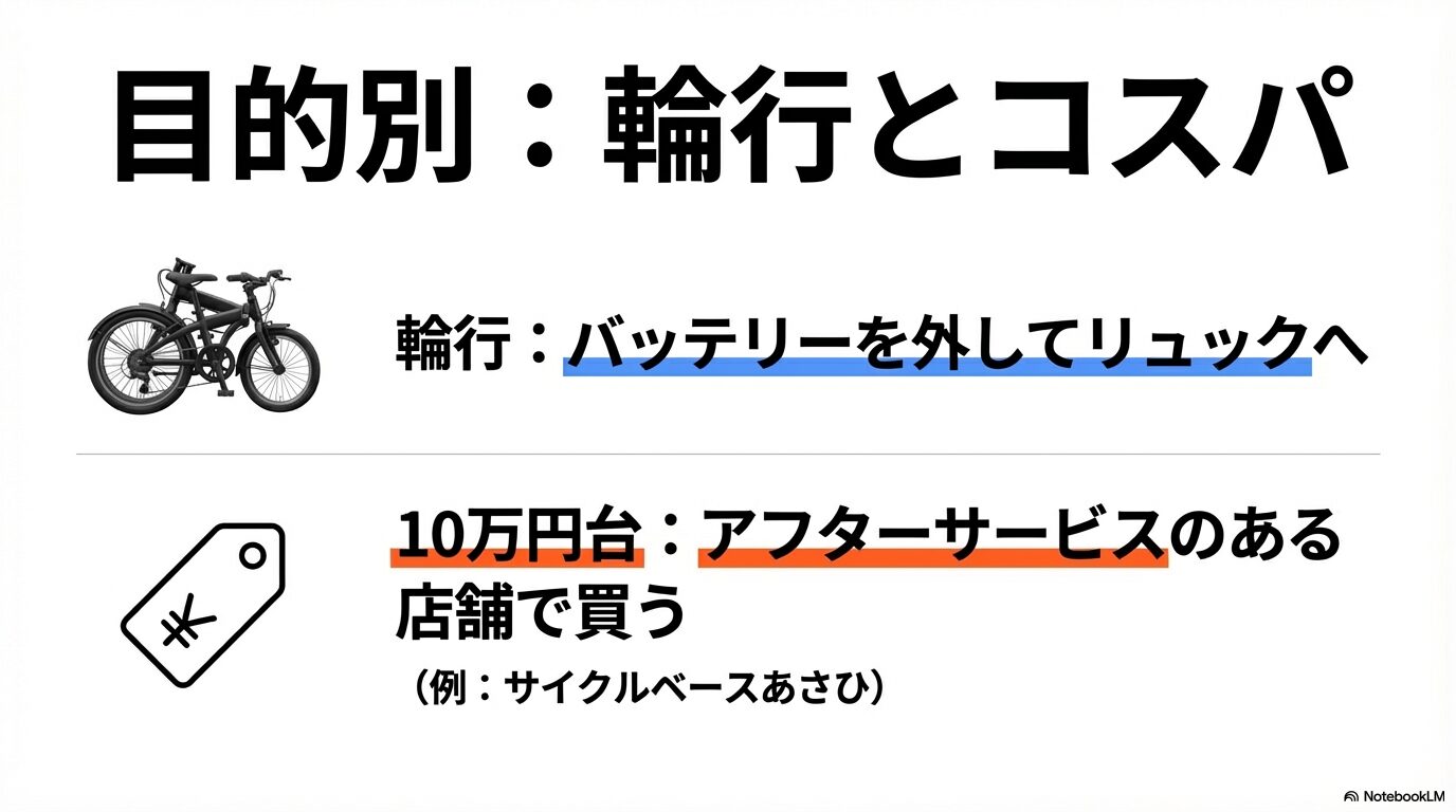 輪行時にバッテリーを外してリュックに入れる軽量化のテクニックと、10万円台のモデルをアフターサービスのある店舗（サイクルベースあさひ等）で購入する重要性をまとめたスライド。