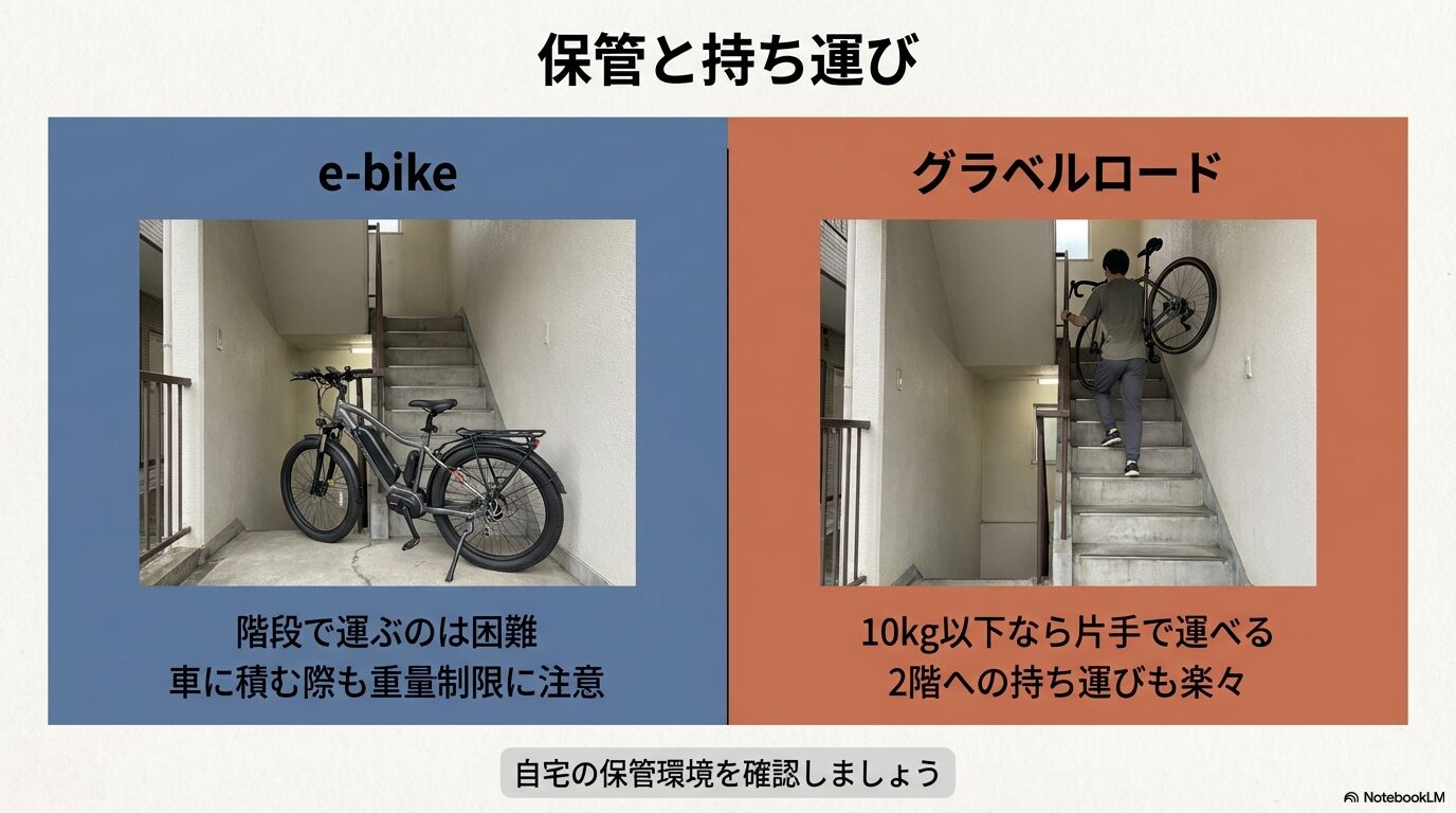 e-bikeの階段運搬の難しさや車載時の耐荷重の注意点、グラベルロードの室内保管のしやすさを比較したスライド