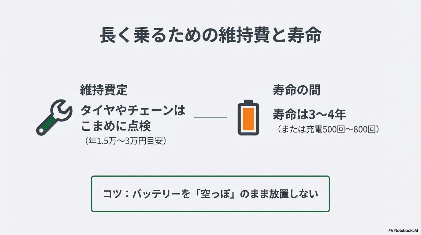 年間のメンテナンス費用の目安（1.5万〜3万円）と、バッテリー寿命（3〜4年）を延ばすコツの図解
