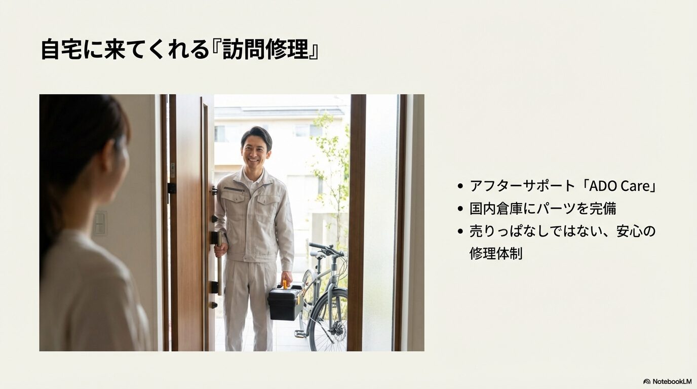 自宅まで来てくれる訪問修理サービス「ADO Care」や国内倉庫のパーツ完備など、サポート体制を解説するスライド。