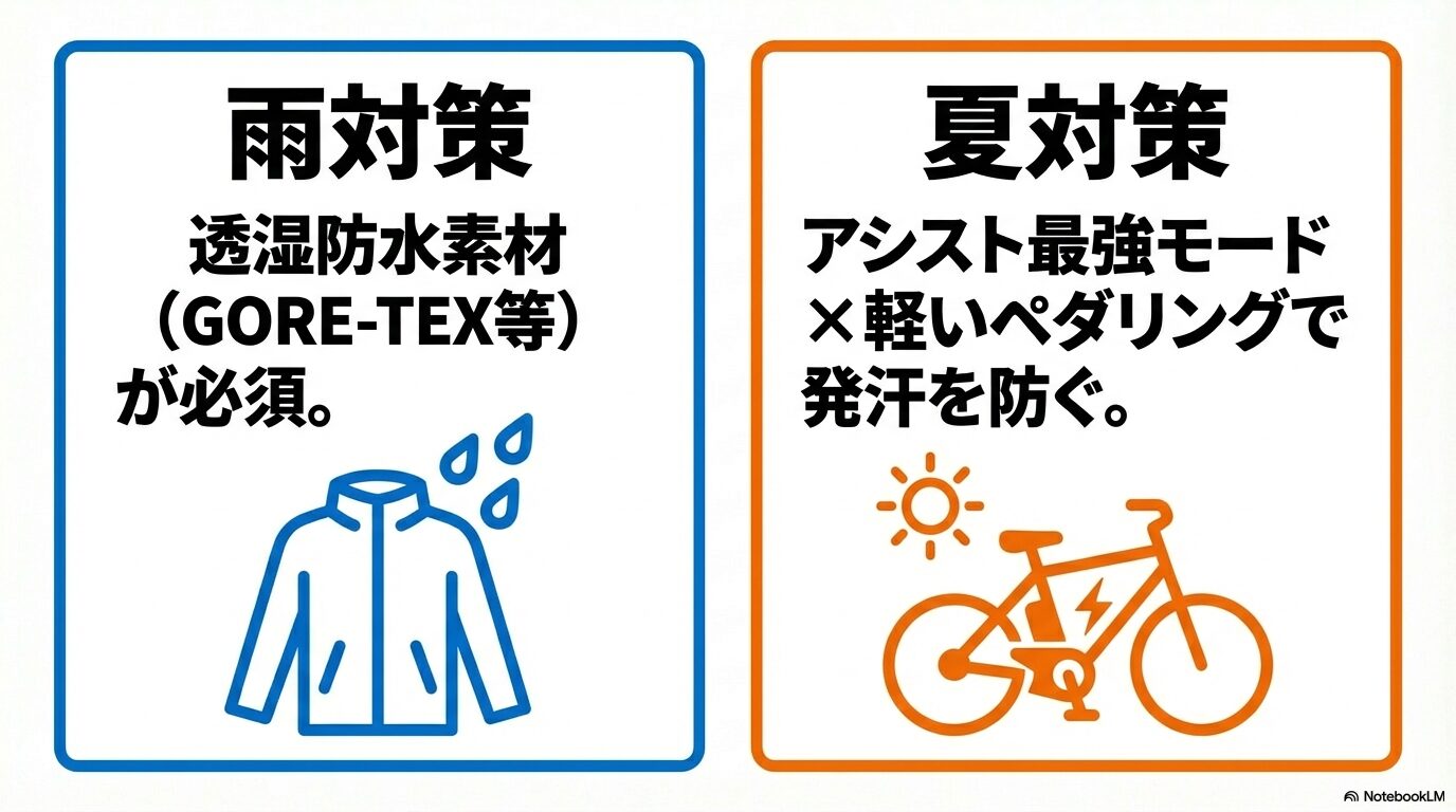 雨天時の透湿防水素材（GORE-TEX等）ウェアの必要性と、夏季のアシスト最強モード活用による発汗抑制対策の図解