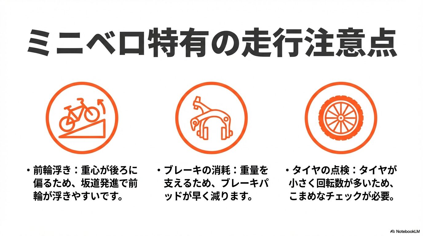 重心が後ろに偏ることによる前輪の浮き上がりや、ブレーキ・タイヤの消耗が早いことへの注意喚起。