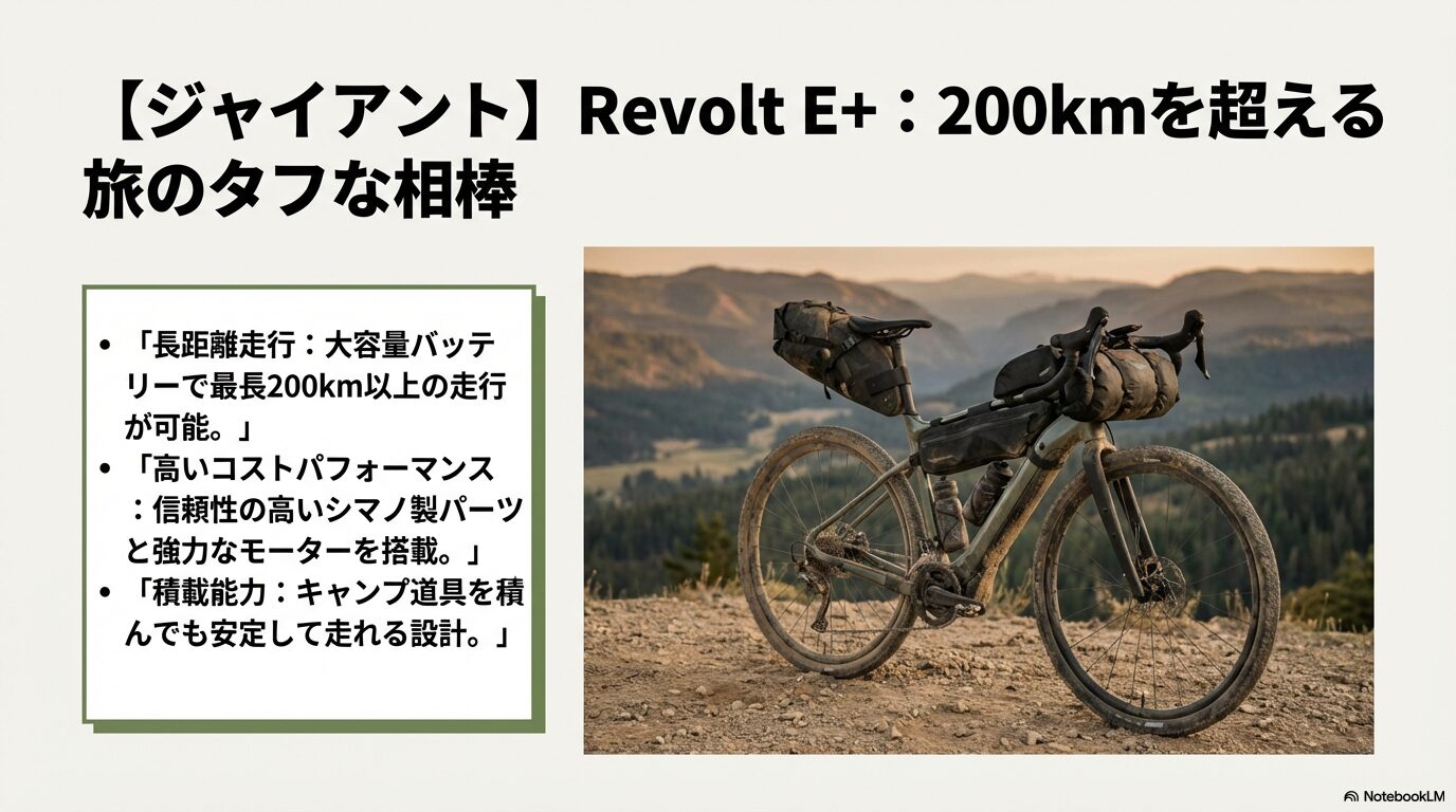 最長200km以上の走行が可能なジャイアントの「Revolt E+」の航続距離と積載能力、シマノ製パーツの採用について説明するスライド