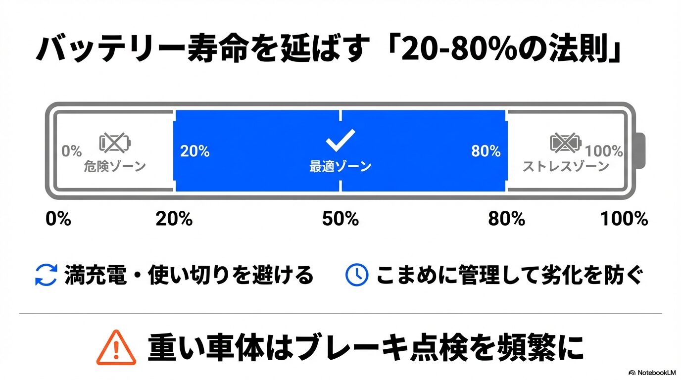 バッテリーの劣化を防ぐための「20-80%」充電管理の図解と、重量のあるe-bikeにおける頻繁なブレーキ点検の必要性を説くスライド。